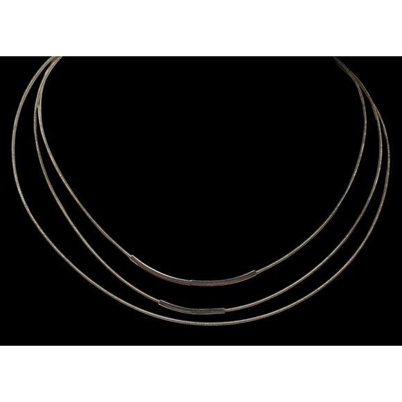 Modern Layered Silver Tone Coil Wire Necklace With Tube Bead Accents - Picture 4 of 6